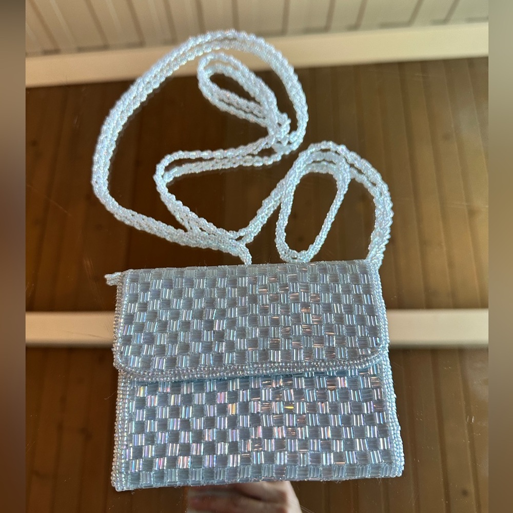 Vintage y2k Cache Micro Mini Crossbody Beaded handbag purse iridescent baby blue